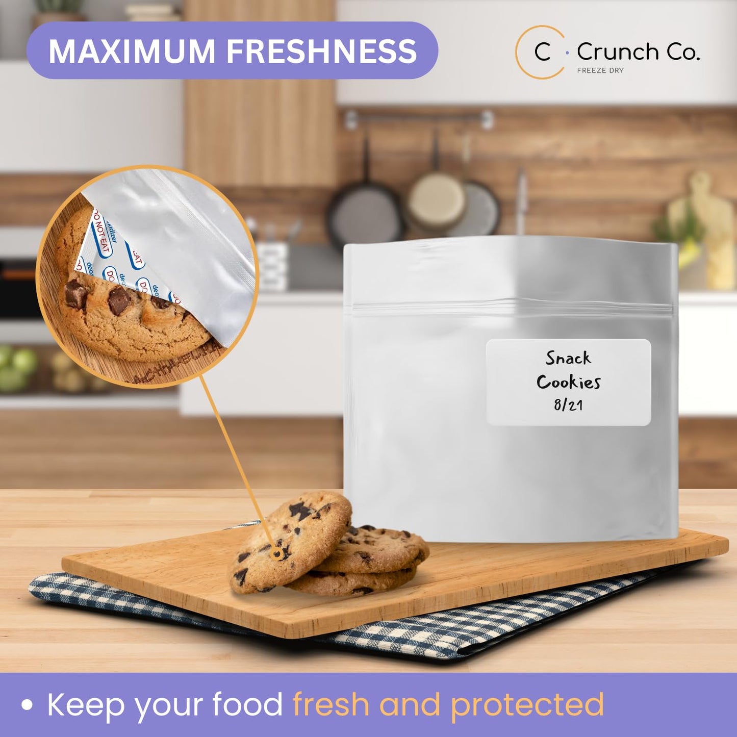 Crunch Co. MRE Mylar Bag Bundle - 50x (7.5 Mil - 7.5" x 8.5’’) Stand-Up Zipper bags, 50x 400cc Oxygen Absorbers, 50 labels - Heat Sealable & Withstand Boiling Water - Long-Term Food Storage
