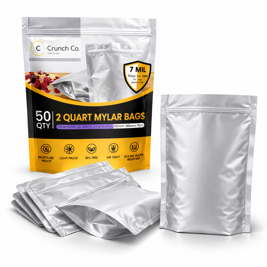 Crunch Co. Mylar Bags - 50x (7 Mil thick each side) Stand-Up Zipper bags, Heat Sealable & Withstand Boiling Water - Long-Term Food Storage