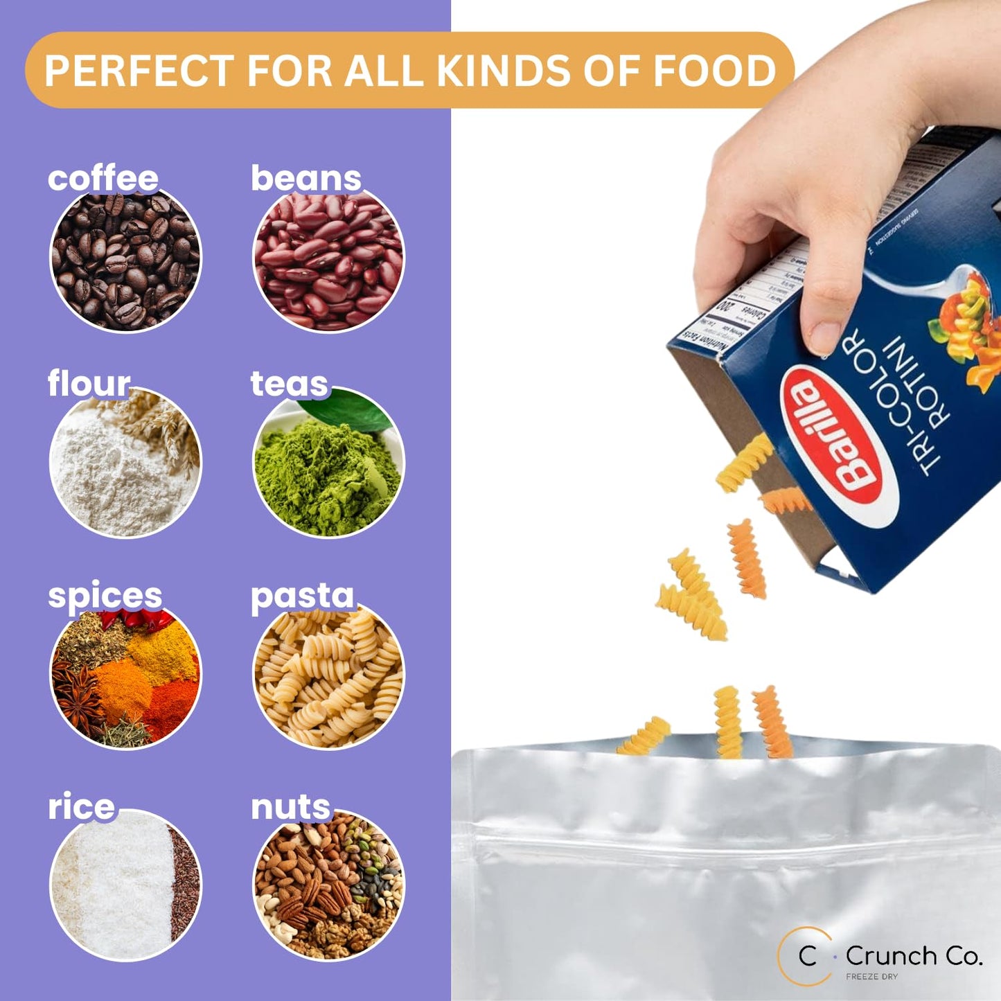 Crunch Co. MRE Mylar Bag Bundle - 50x (7.5 Mil - 7.5" x 8.5’’) Stand-Up Zipper bags, 50x 400cc Oxygen Absorbers, 50 labels - Heat Sealable & Withstand Boiling Water - Long-Term Food Storage